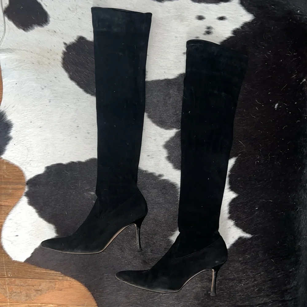Manolo Blahnik Black Suede Thigh High Over-the-knee Pointed Heeled Boots, 37.5